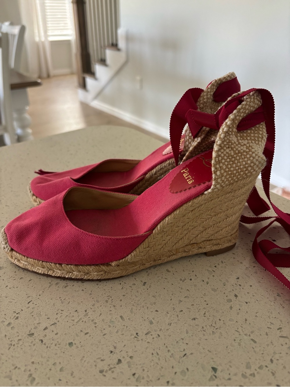 Christian Louboutin Canvas Wedge Espadrilles Fuschia Pink Brigitte Ribbon Ankle